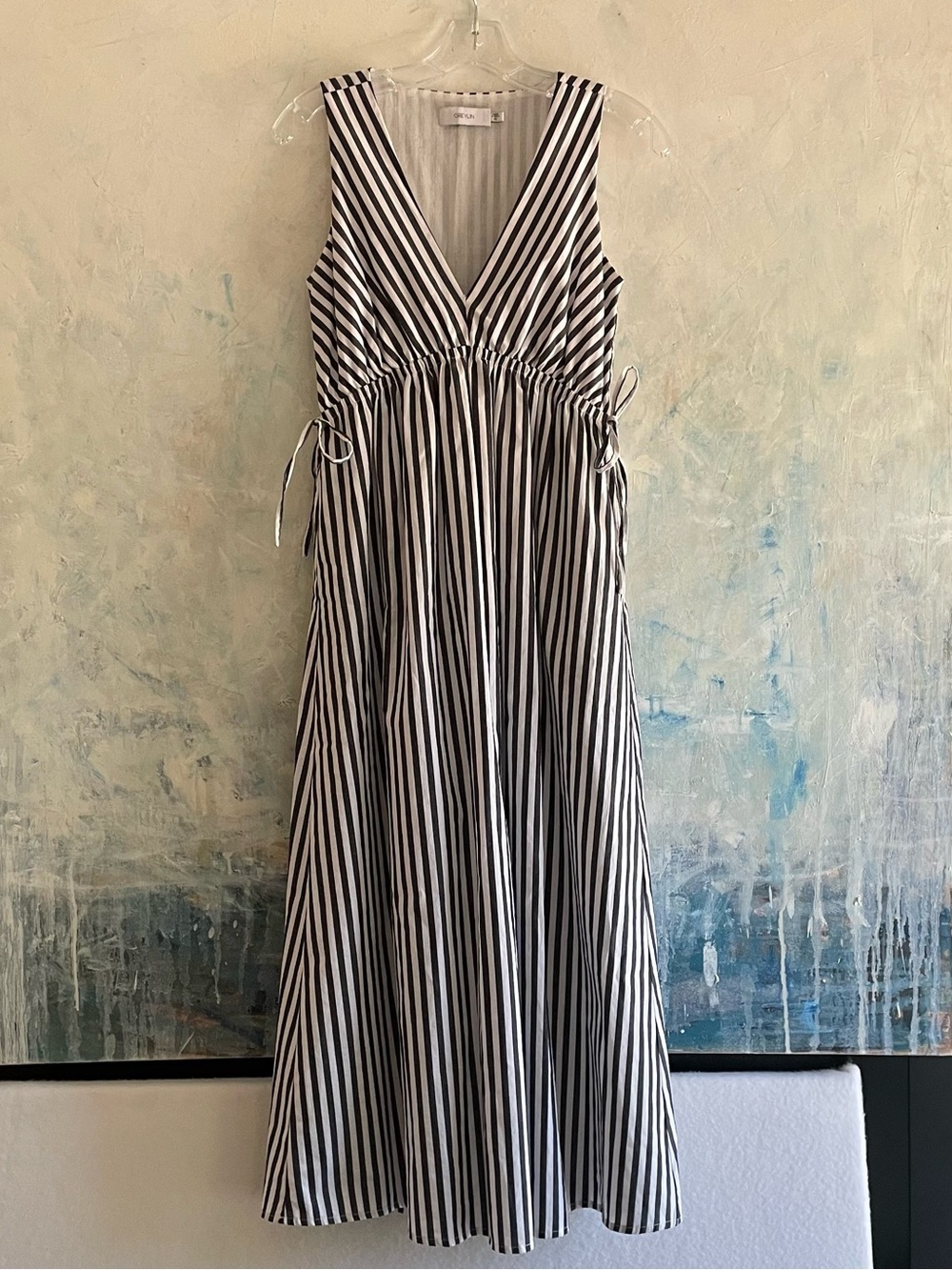Greylin Black & White Striped V-Neck Midi Dress Coquette Minimalist Empire XS